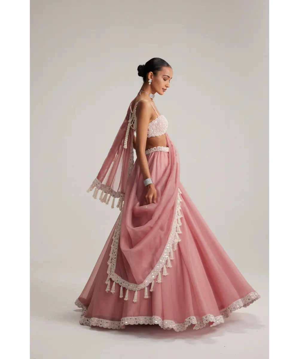 VVANI VATS- Dusty Rose Organza mirror and pearl lehenga set